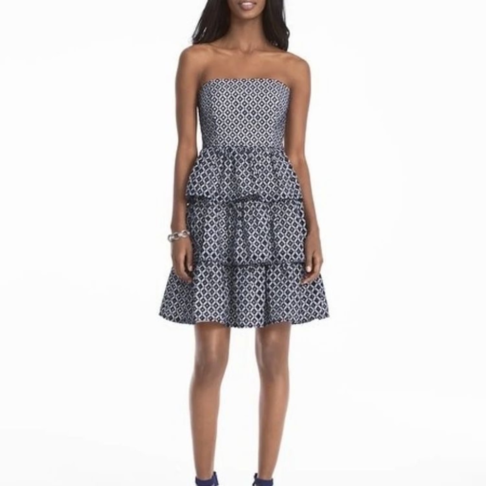 White House Black Market Navy and White Strapless Tiered Dress